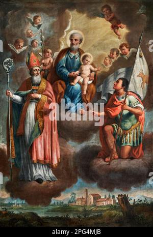 San Giuseppe col Bambino con S. Ambrogio e S. Fermo - olio su tela - pittore bresciano del XVIII secolo - Calino (BS), chiesa parrocchiale di S. Miche Banque D'Images