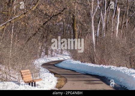 Une scène d'hiver pittoresque avec une route sinueuse dans une zone boisée paisible Banque D'Images