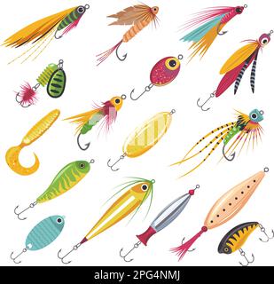 Leurres de pêche. Poisson leurre plastique appât maneton, pêche attachant éléments pêcheur accessoires minnow wobbler cuillères à main libellules appâts, illustration vectorielle de l'équipement de pêche, appât isolé Illustration de Vecteur