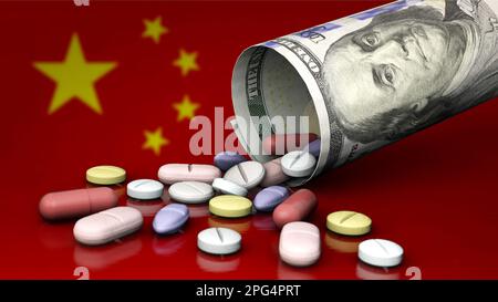 Comprimés, dollar américain et Chine - dépendance à l'industrie pharmaceutique chinoise Banque D'Images