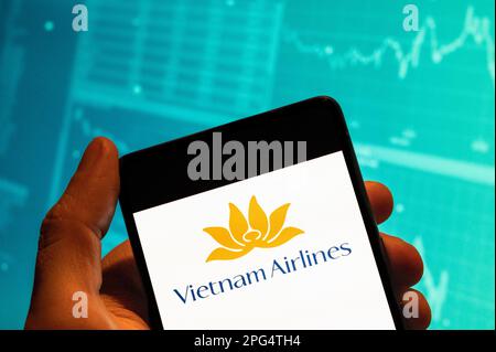 Chine. 15th févr. 2023. Sur cette photo, le logo de la compagnie aérienne vietnamienne Vietnam Airlines est affiché sur un smartphone avec un graphique de l'indice boursier économique en arrière-plan. (Credit image: © Budrul Chukrut/SOPA Images via ZUMA Press Wire) USAGE ÉDITORIAL SEULEMENT! Non destiné À un usage commercial ! Banque D'Images