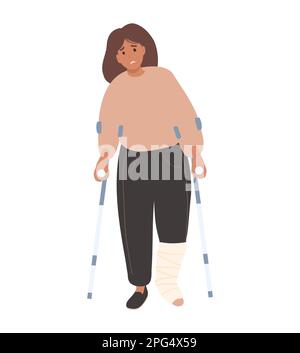 Femme avec des béquilles et un pied plâtré, jambe cassée en fonte. Notion de blessure en bande Illustration de Vecteur