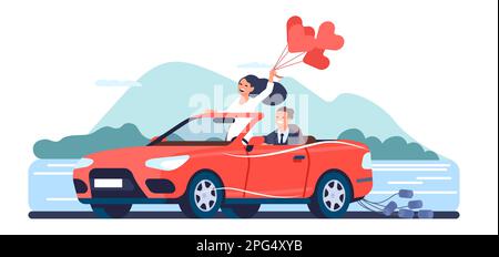Heureux couple nouvellement mariés qui conduisait un cabriolet pour leur lune de miel. Homme et femme en voiture rouge sur la route. Des ballons en forme de coeur. Célébration de mariage. Mariée Illustration de Vecteur
