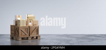 3d illustration du système de livraison des marchandises. Palette en bois avec pile de cartons dans la grande salle industrielle en attente de transport. Banque D'Images