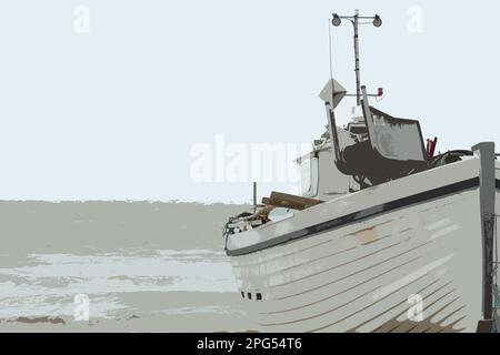 Représentation illustrative d'un petit bateau de pêche vu sur le rivage. Banque D'Images