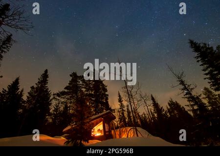 Étoiles au-dessus d'une cabine isolée dans la neige dans une forêt en Norvège Banque D'Images