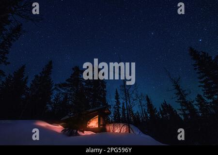 Étoiles au-dessus d'une cabine isolée dans la neige dans une forêt en Norvège Banque D'Images