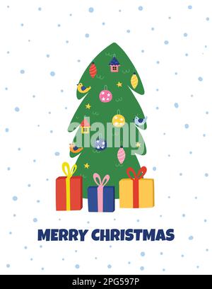 Carte de vœux de Noël avec un joli sapin de Noël et des cadeaux Illustration de Vecteur
