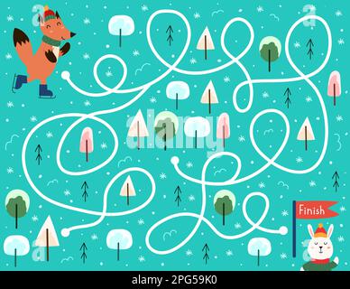 Aidez le renard à skate jusqu'à la ligne d'arrivée. Jeu de labyrinthe d'hiver pour les enfants. Page d'activité préscolaire Illustration de Vecteur