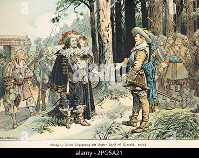 L'électeur Georg Wilhelm rencontre le roi Gutav Adolf de Suède à Köpecick en 1631istory du Hohenzollern, Prusse, illustration historique 1899 Banque D'Images