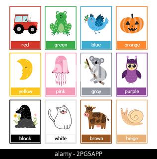 Jeu de cartes de couleurs avec animaux mignons. Collection de noms de couleur et de photos pour la maternelle Illustration de Vecteur