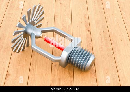 Arroseur incendie sur la table en bois, rendu 3D Banque D'Images