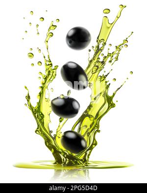 Olives noires tombant dans l'huile d'olive avec une éclaboussure, isolées sur fond blanc Banque D'Images