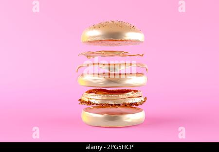 Hamburger de luxe doré sur fond rose. Des hamburgers à la baisse, un concept créatif de restauration rapide. Ingrédients de hamburger levants. Banque D'Images