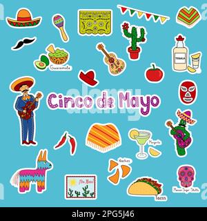 Ensemble d'autocollants Cinco de Mayo, graphismes festifs pour prospectus, bannières et publications sur les réseaux sociaux, idéal pour les fêtes mexicaines, illustrations vectorielles Illustration de Vecteur