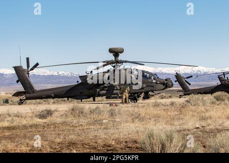 Les soldats affectés au 1-229th Attack Battalion, 16th combat Aviation Brigade, préparent un hélicoptère AH-64E Apache pour le décollage au Orchard combat Training Center, Idaho, le 17 mars 2023. L'unité a été formée sur les armes aériennes individuelles et d'équipe en préparation aux exercices conjoints combinés à venir en été. (É.-U. Photo de l'armée par le capitaine Kyle Abraham, 16th Brigade de l'aviation de combat) Banque D'Images