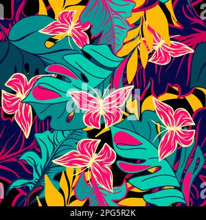 Motif botanique sans couture avec illustrations vectorielles de plantes tropicales et de papillons Illustration de Vecteur