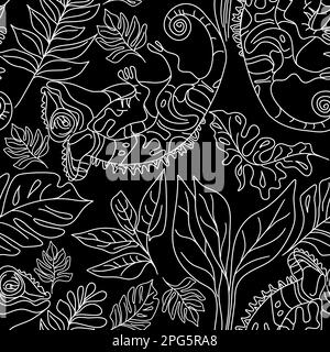Motif animé sans couture avec des caméléons et des feuilles tropicales sur une illustration vectorielle d'arrière-plan noire Illustration de Vecteur
