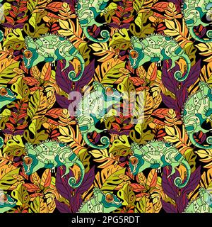 Motif fleuri sans couture avec caméléons et illustration vectorielle de feuilles tropicales Illustration de Vecteur