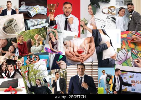 Conception du panneau de vision. Collage avec différentes photos représentant des rêves Banque D'Images