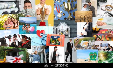 Conception du panneau de vision. Collage avec différentes photos représentant des rêves Banque D'Images