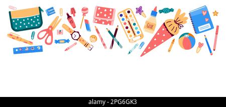 Bannière,en-tête avec objets papeterie d'école.Illustration vectorielle de style plat Illustration de Vecteur