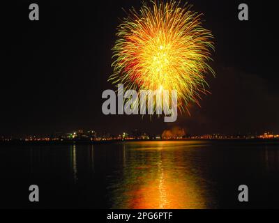 feux d'artifice dans le ciel nocturne, se reflétant dans l'eau Banque D'Images