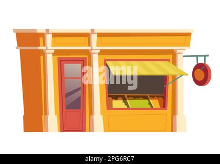 Illustration vectorielle de la construction d'un kiosque à fruits et légumes. Façade de petit magasin d'alimentation rétro avec panneau. Petit immeuble d'affaires de la ville isolé sur blanc Illustration de Vecteur