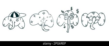 Les éléphants sont mis avec des situations de visages. Illustration vectorielle en dessin animé de style plat isolé sur fond blanc. Illustration de Vecteur