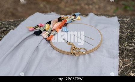 Accessoires pour la broderie à la main avec des mousses de broderie: Cerceaux, aiguilles avec grand oeil, presse-aiguille, ciseaux et ensembles sur fond sombre extérieur. Banque D'Images