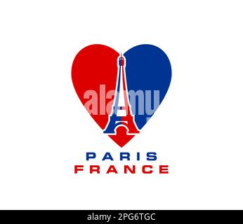 Paris Tour Eiffel et coeur du drapeau de France, icône de vecteur d'amour français. Voyage en France, visite de la ville ou symbole de l'art touristique de la tour Eiffel en plein coeur Illustration de Vecteur