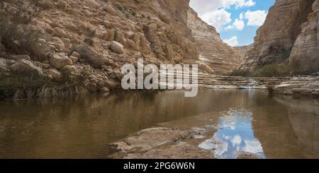 Descente de la cascade et de l'étang sous les falaises verticales du canyon calcaire dans le ruisseau Zin dans le parc d'Ein Avdat en Israël avec des reflets de ciel Banque D'Images