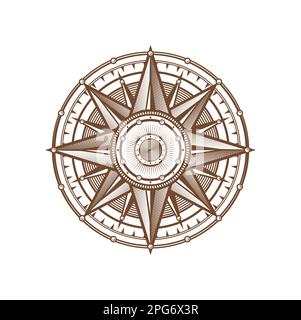 Compas, symbole de cartographie de rose des vents. Compas de navigation nautique, carte de géographie océanique direction ou symbole vectoriel gravé de latitude de navigation maritime. Medi Illustration de Vecteur