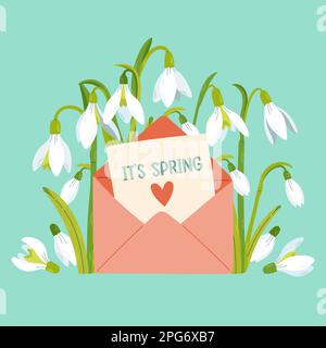 Son ressort. Enveloppe printanière avec gouttes de neige. Illustration du vecteur de fleur de ressort Illustration de Vecteur