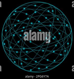 Sphère lumineuse avec lignes et points sur fond noir. abstat réseau ligne autour planète cercle bleu technologie point Banque D'Images