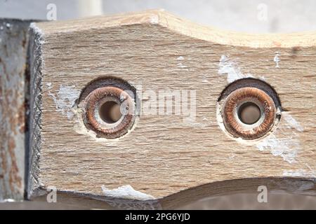 Gros plan d'une poignée d'outil de construction en bois (couteau, grattoir, spatule) avec trous rouillés de rivets métalliques et taches de peinture blanche Banque D'Images