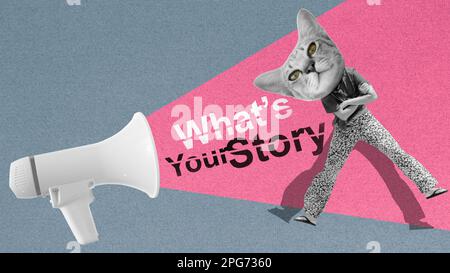quelle est votre histoire, titre de texte et femme de chat. concept de narration dans l'industrie cinématographique ou le marketing numérique. Collage d'art abstrait. Banque D'Images