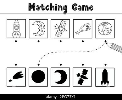 Trouvez le jeu d'ombre correspondant correct avec des personnages et des éléments d'espace mignons Illustration de Vecteur