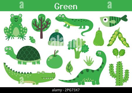 Jeu d'objets de couleur verte. Apprendre les couleurs pour les enfants. Collection Cute ELEMENTS Illustration de Vecteur