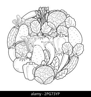 Motif en forme de cercle de légumes Doodle pour livre de coloriage. Page de coloriage de mandala alimentaire Illustration de Vecteur