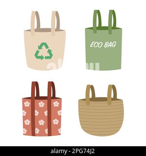 Jeu de sacs à provisions réutilisables. Sacs fourre-tout durables. Illustration de Vecteur