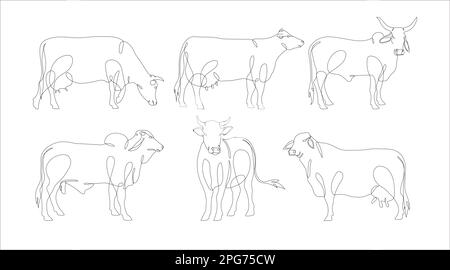 Ensemble de Cow en style de dessin au trait continu. Collection continue de dessins de ligne de bétail. Vache dans un ensemble d'icônes linéaires abstraites et minimalistes. Illustration de Vecteur
