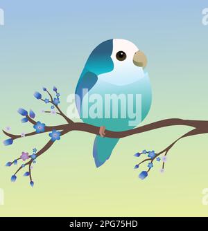 Un adorable oiseau lovebird bleu à la face de Rosy en forme d'oeuf. Fond dégradé bleu. L'oiseau est perché sur une branche avec une fleur bleue. Illustration de Vecteur
