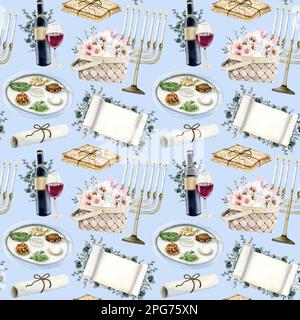 Bleu clair motif de Pâque sans couture avec symboles aquarelle, fleurs, vin rouge, menorah, matzah, seder plaque arrière-plan de vacances Banque D'Images