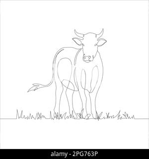 Vache avec herbe en ligne continue style dessin. Dessin continu de bétail avec herbe. Vache en icône linéaire abstraite et minimaliste. Illustration de Vecteur