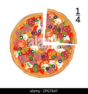 Tranches de pizza. Pizza avec morceaux de salami, champignons, tomates, poivrons, olives et basilic. Restauration rapide italienne traditionnelle. Repas avec vue sur le dessus isolé Illustration de Vecteur