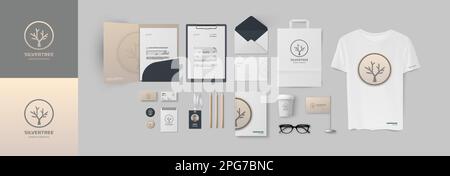 Pack design pour entreprise moderne avec logo minimal et marquage d'entreprise dans les couleurs gris et marron clair. L'ensemble des éléments prêts comprend le dossier et A4 Illustration de Vecteur