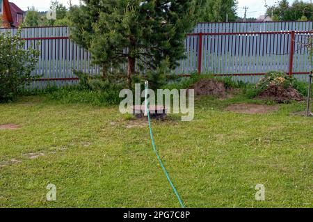 tuyau en plastique d'un puits avec de l'eau, arroser le jardin Banque D'Images