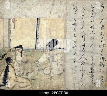 Japon: Un homme souffrant de la maladie d'uvula (infection du palais mou) jouant un jeu de Go avec une femme comme une autre femme montres. Peinture de défilement du Yamai no Soshi (Yamai Zoshi) ou 'disaases scroll', mi-12th siècle ce. Le Shihon choshoku yamai no soshi ('Diseases and deformitéss', 紙本著色病草紙) est un défilement à la main (emakimono) de Heian tardif (12th siècle) composé de peintures de couleur sur papier qui a été, à un certain moment, coupé en dix sections distinctes. Ils sont conservés au Musée national de Kyoto et sont classés comme un Trésor national du Japon. Banque D'Images