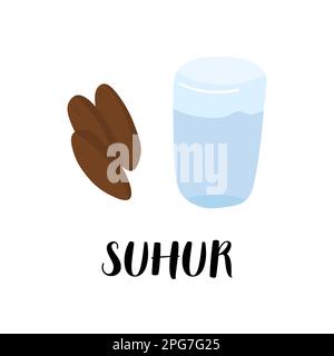 Petit déjeuner avec eau et dates. Illustration du concept de famille musulmane à jeun. Illustration de Vecteur